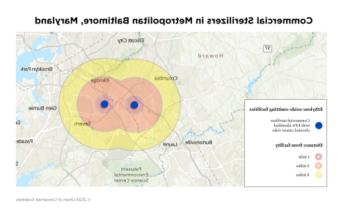 A map showing the locations of ethylene oxide-emitting facilities in Baltimore, Maryland.